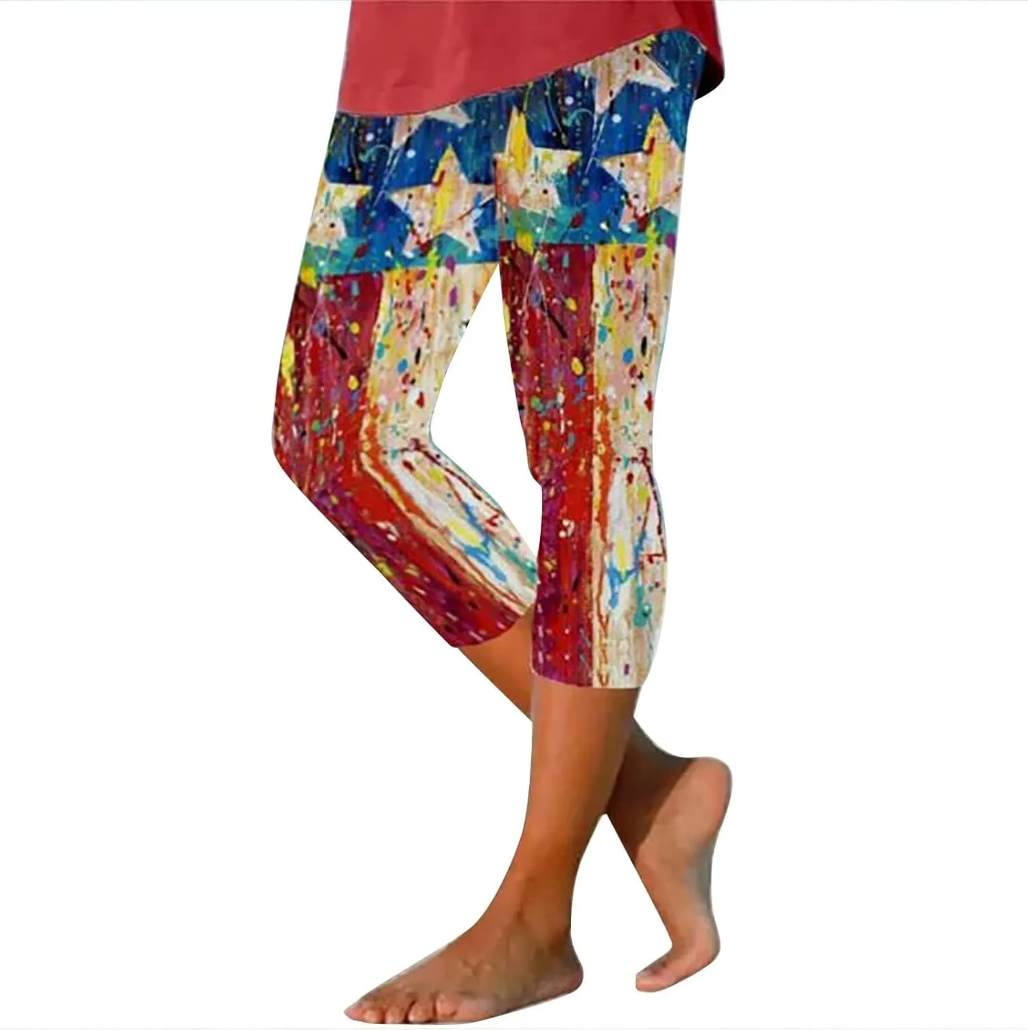 4th of July Capri Leggings for Women 2025 Summer High Waist Pant Tummy Control Knee Length Slim Fit Yoga Cropped Trouser