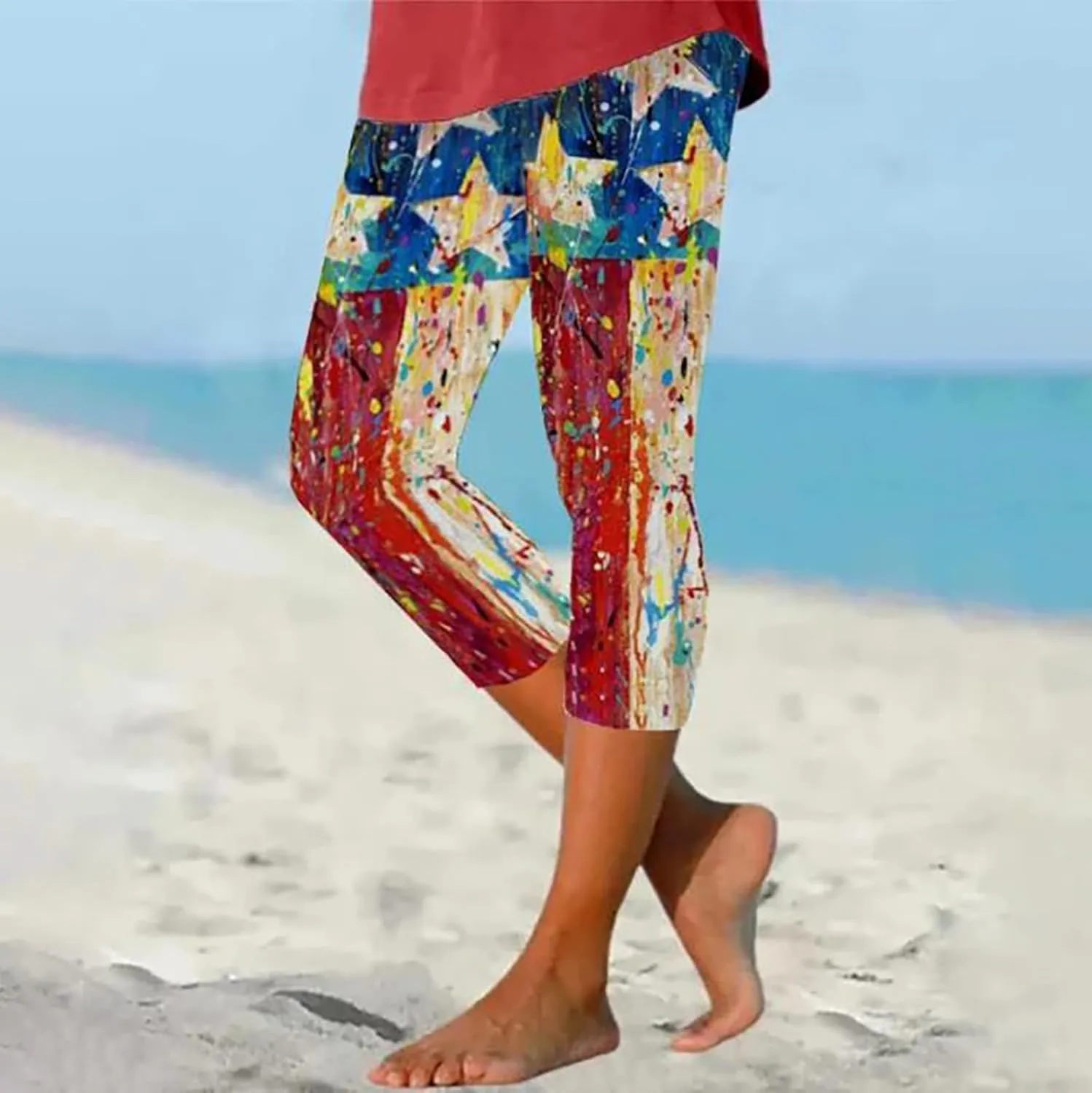 4th of July Capri Leggings for Women 2025 Summer High Waist Pant Tummy Control Knee Length Slim Fit Yoga Cropped Trouser