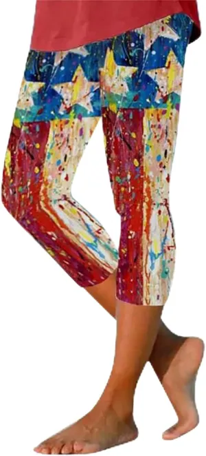 4th of July Capri Leggings for Women 2025 Summer High Waist Pant Tummy Control Knee Length Slim Fit Yoga Cropped Trouser