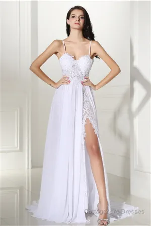 A-line White Evening Dresses Straps Chiffon Long Formal Dresses