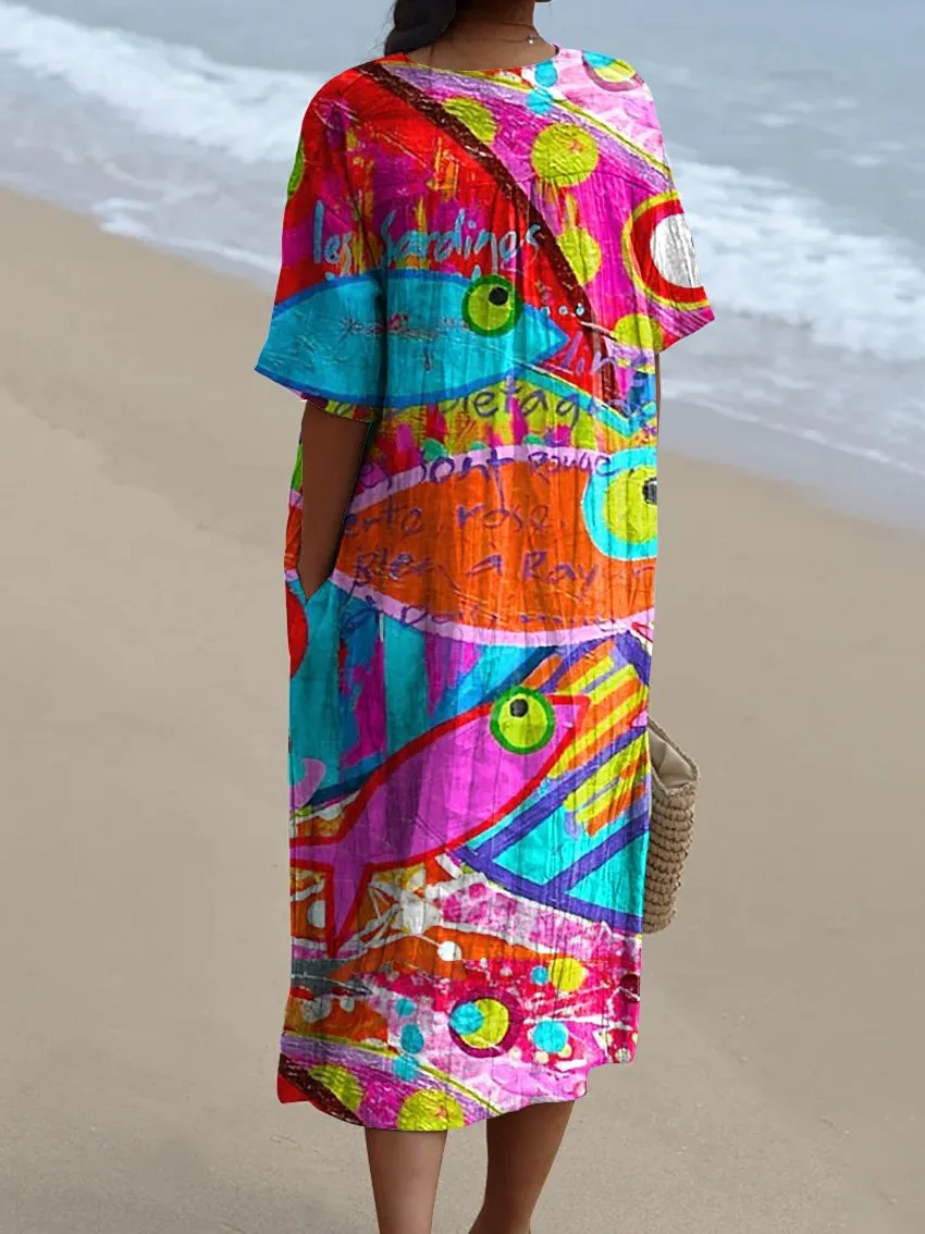 Abstract Sardine Fish Oil Painting Printed Women's Flowy Dress
