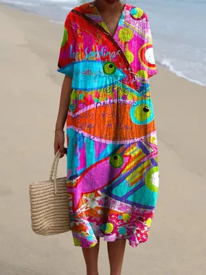 Abstract Sardine Fish Oil Painting Printed Women's Flowy Dress