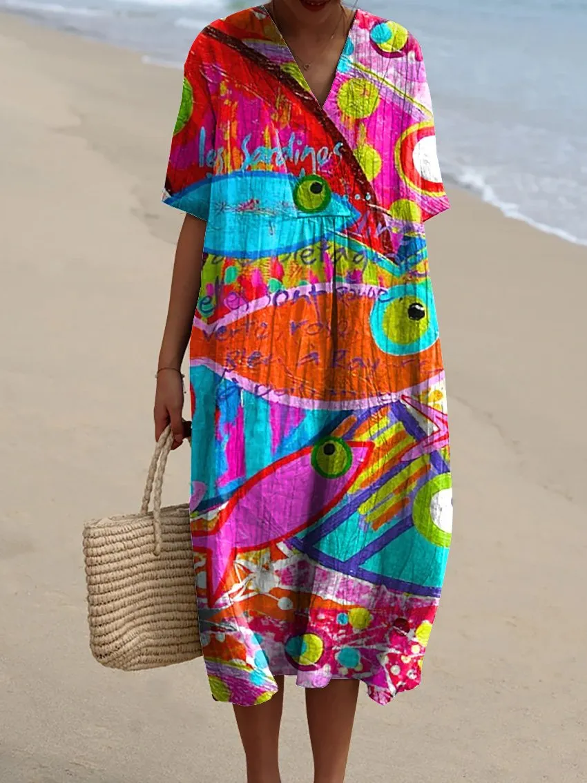 Abstract Sardine Fish Oil Painting Printed Women's Flowy Dress