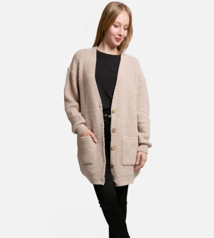 Beige | ComfyLuxe V-Neck Cardigan With Pocket And Button Closure