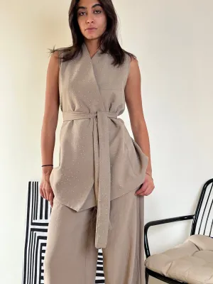 Beige Linen Glittery Belted Vest