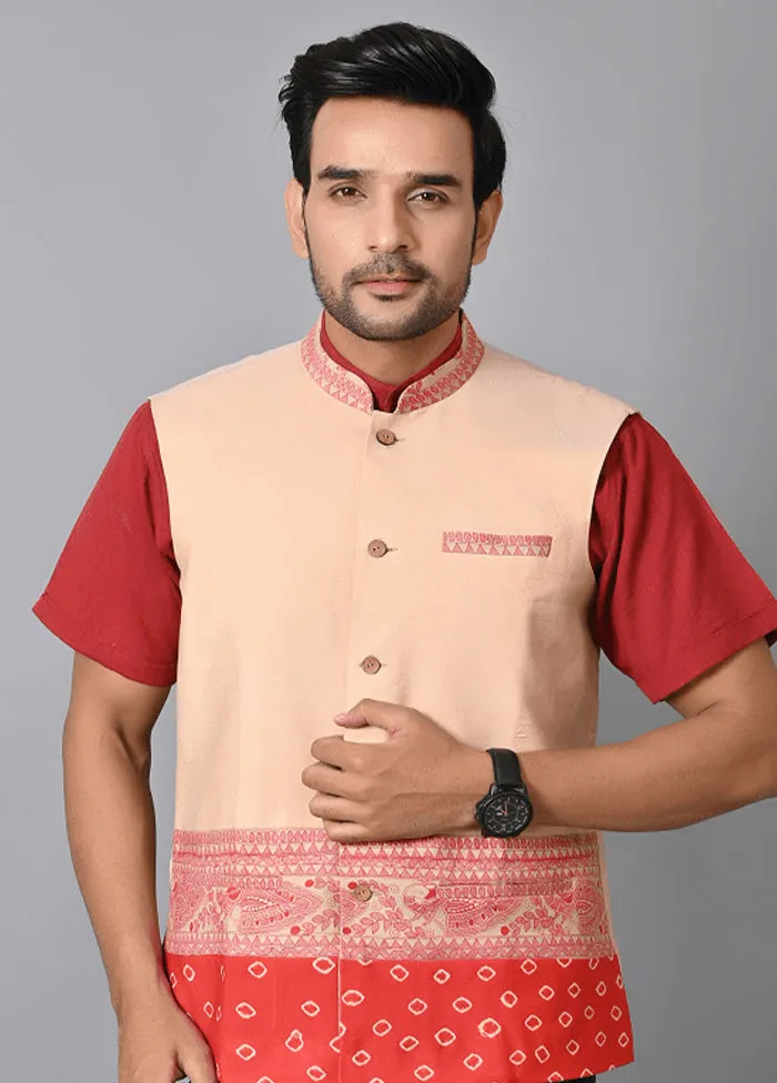 Beige Silk Printed Ethnic Jacket
