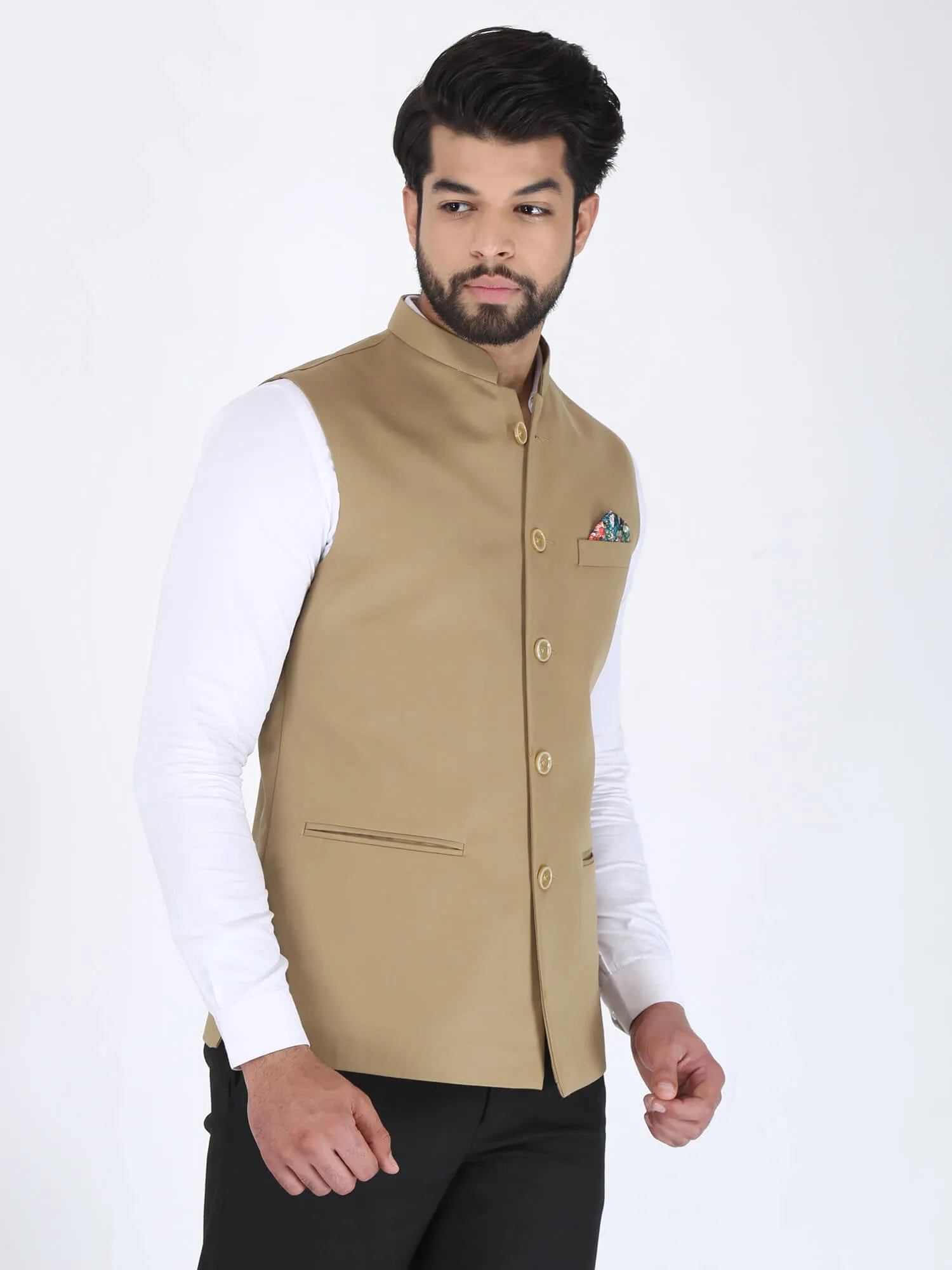 Beige Solid Formal Nehru Jacket