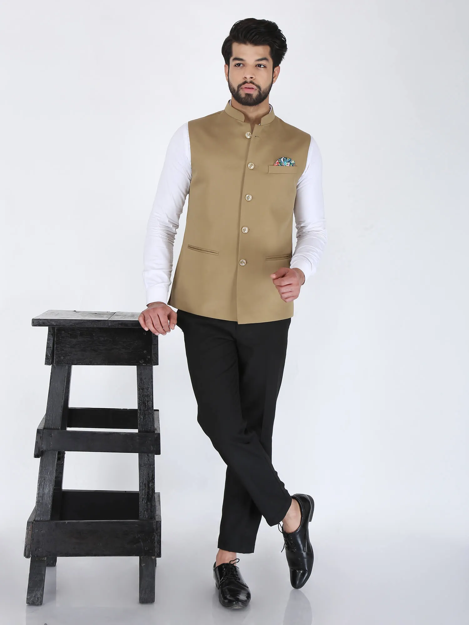 Beige Solid Formal Nehru Jacket