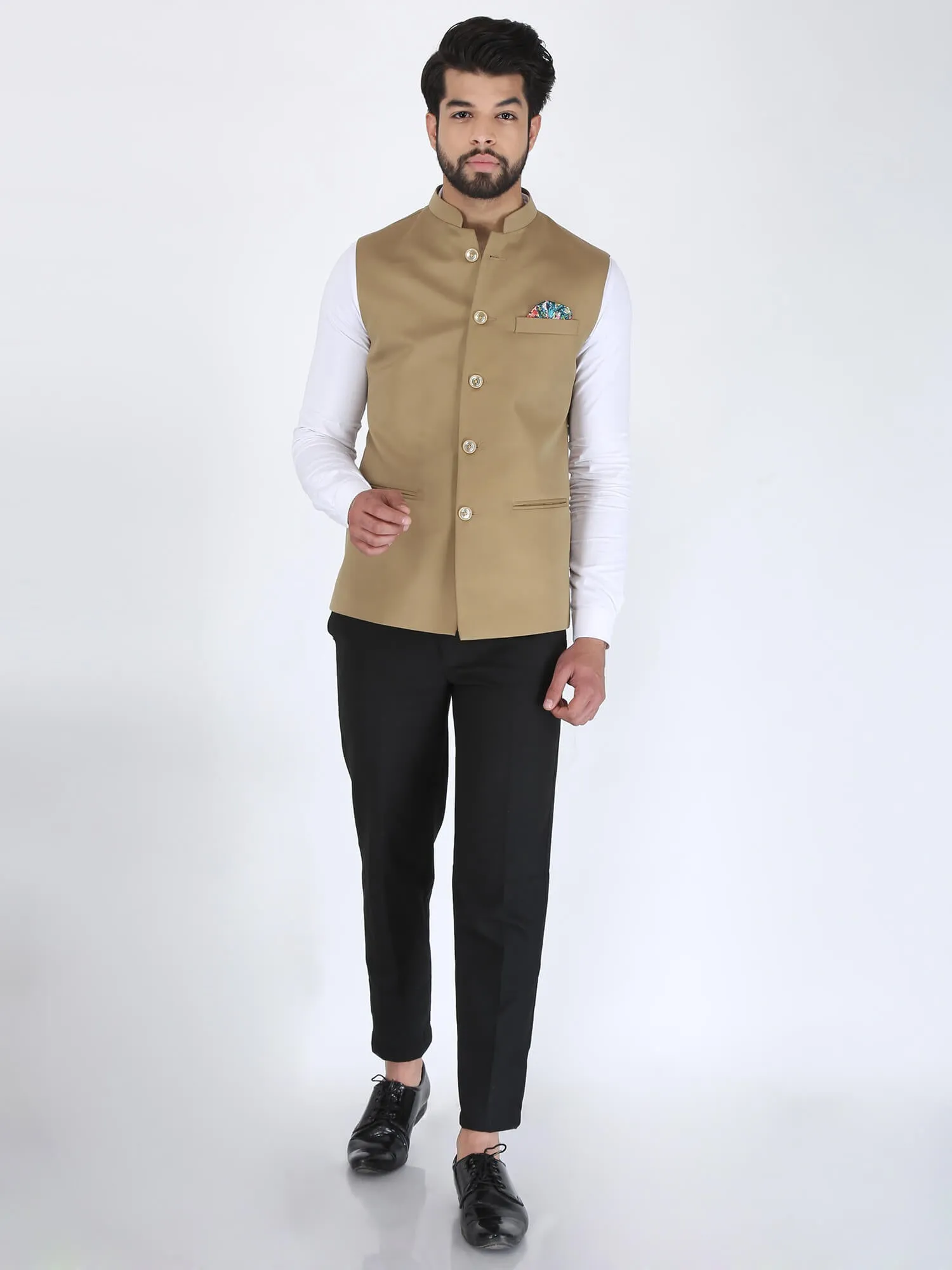 Beige Solid Formal Nehru Jacket