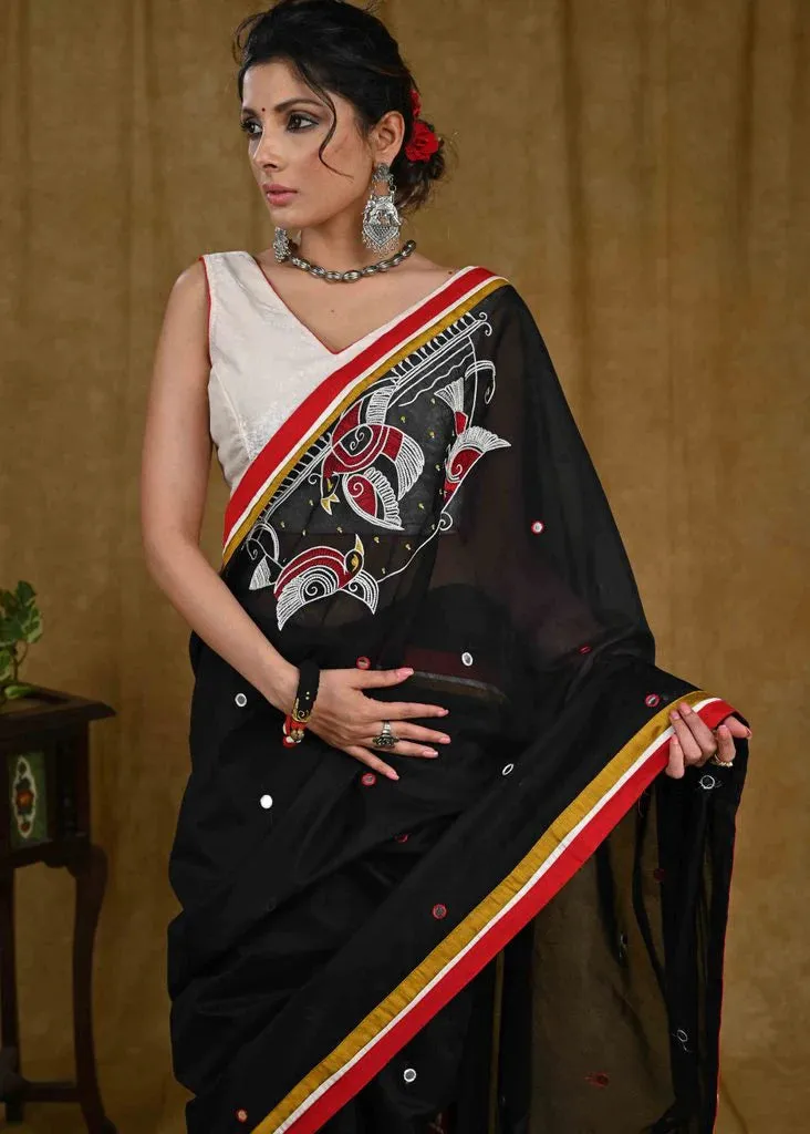 BLACK CHANDERI SAREE WITH HANDWORK AND COMBINATION OF MIRROR WORK & RED COTTON SILK BORDER