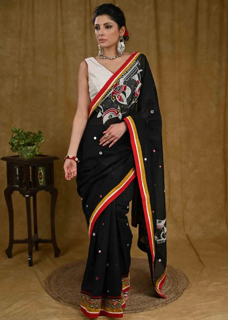 BLACK CHANDERI SAREE WITH HANDWORK AND COMBINATION OF MIRROR WORK & RED COTTON SILK BORDER