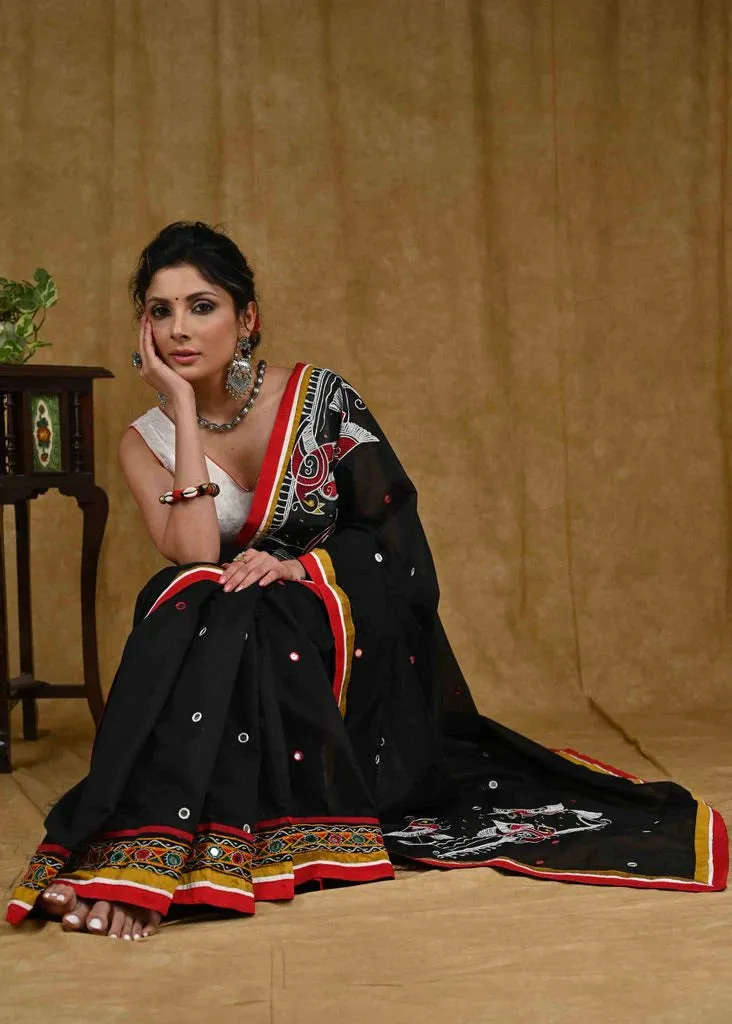 BLACK CHANDERI SAREE WITH HANDWORK AND COMBINATION OF MIRROR WORK & RED COTTON SILK BORDER
