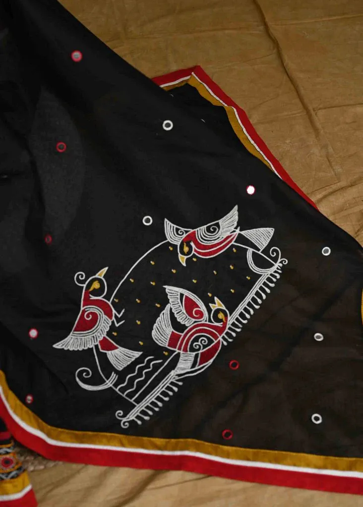 BLACK CHANDERI SAREE WITH HANDWORK AND COMBINATION OF MIRROR WORK & RED COTTON SILK BORDER