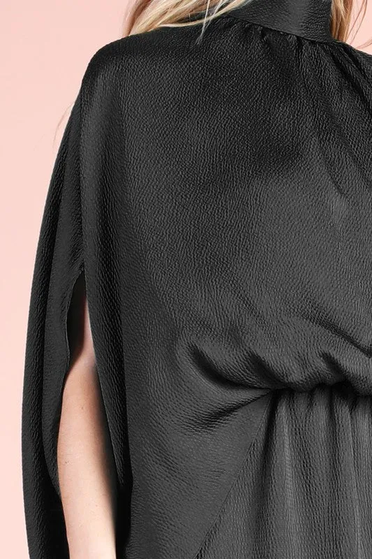 Black Hammered Satin Mock Neck Caftan Mini Dress