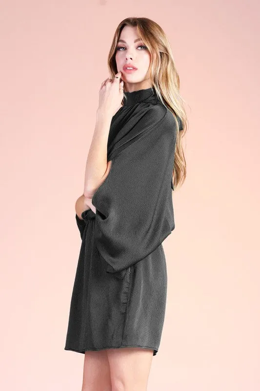 Black Hammered Satin Mock Neck Caftan Mini Dress