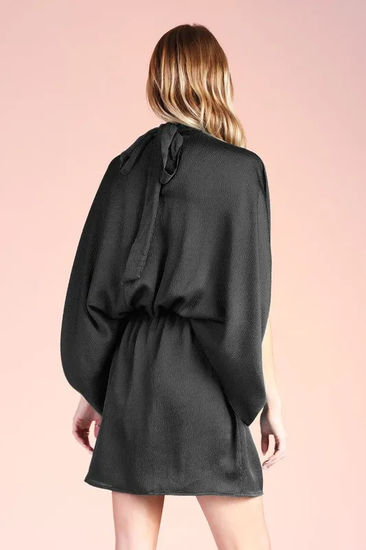 Black Hammered Satin Mock Neck Caftan Mini Dress