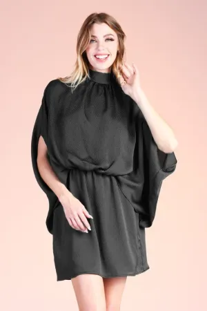 Black Hammered Satin Mock Neck Caftan Mini Dress