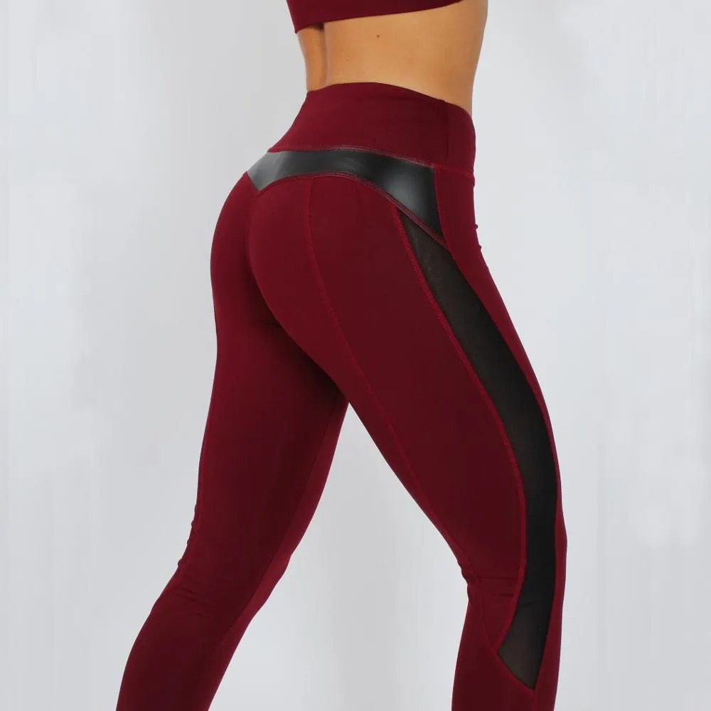 Black Mesh Splice PU Leather Patchwork Leggings