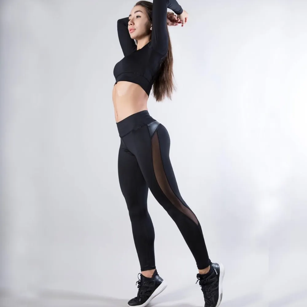 Black Mesh Splice PU Leather Patchwork Leggings