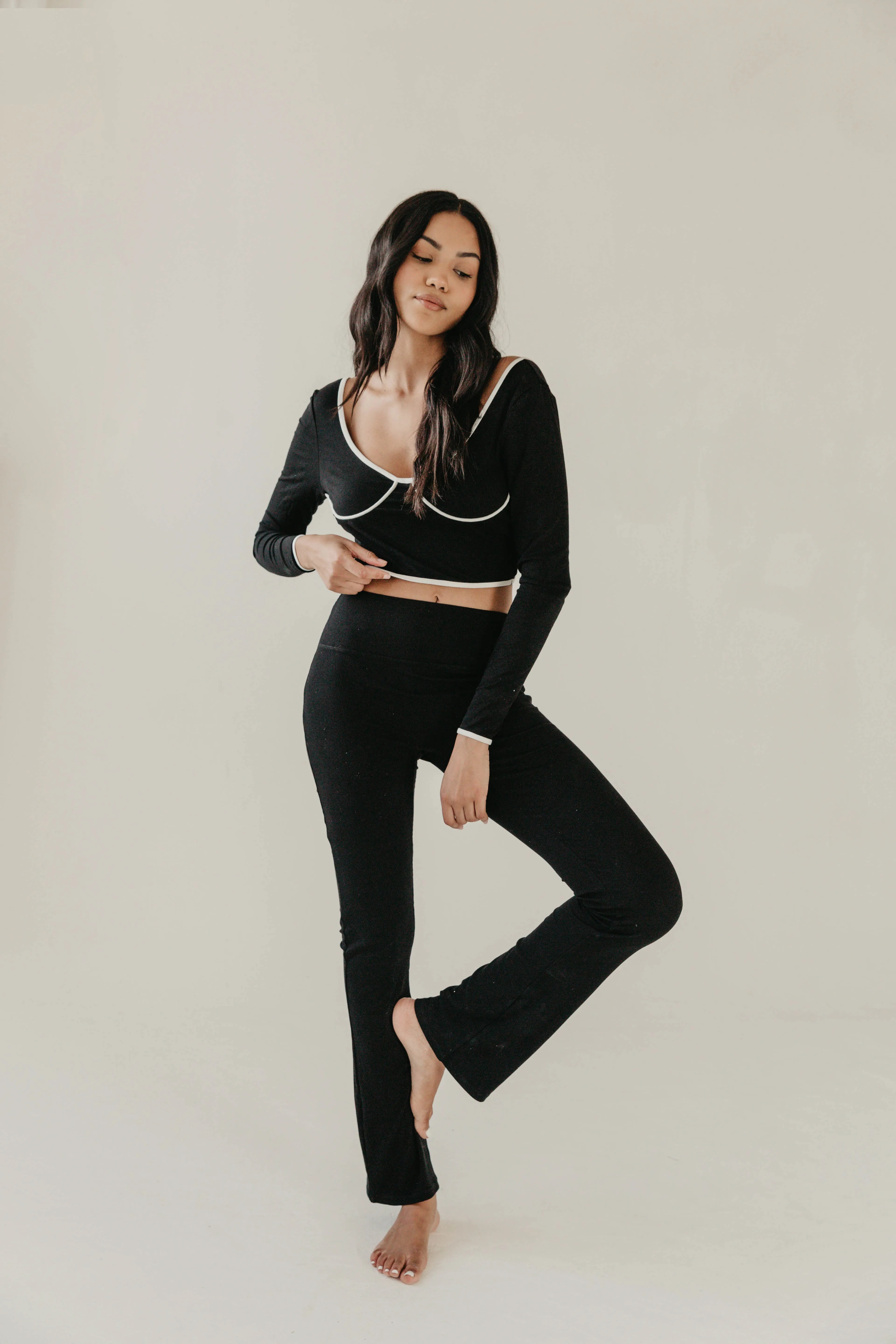 Black Ribbed Flare Trousers