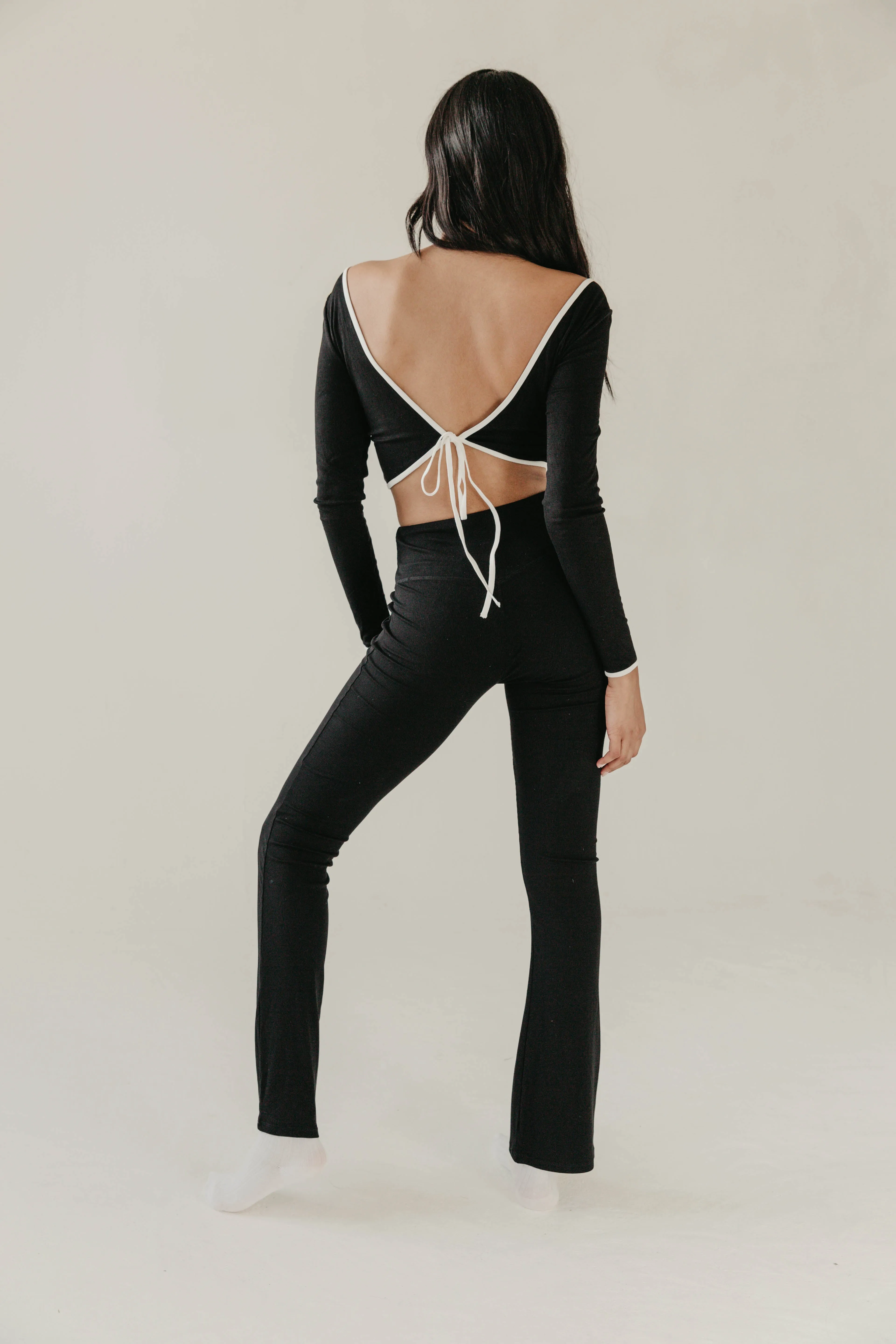 Black Ribbed Flare Trousers