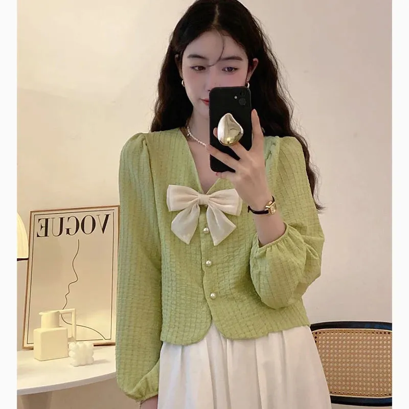 Bow Pink Women Shirts Korean Elegant Pearl Chiffon Female Casual Blouse Spring Autumn New Sweet Long Sleeve Ladies Retro Tops