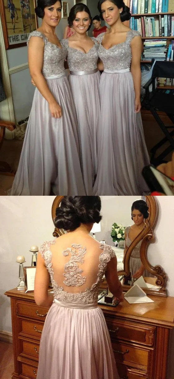 Cap Sleeeve Lace Top A-line Light Gray Bridesmaid Dresses