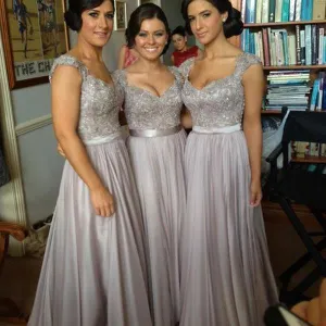 Cap Sleeeve Lace Top A-line Light Gray Bridesmaid Dresses