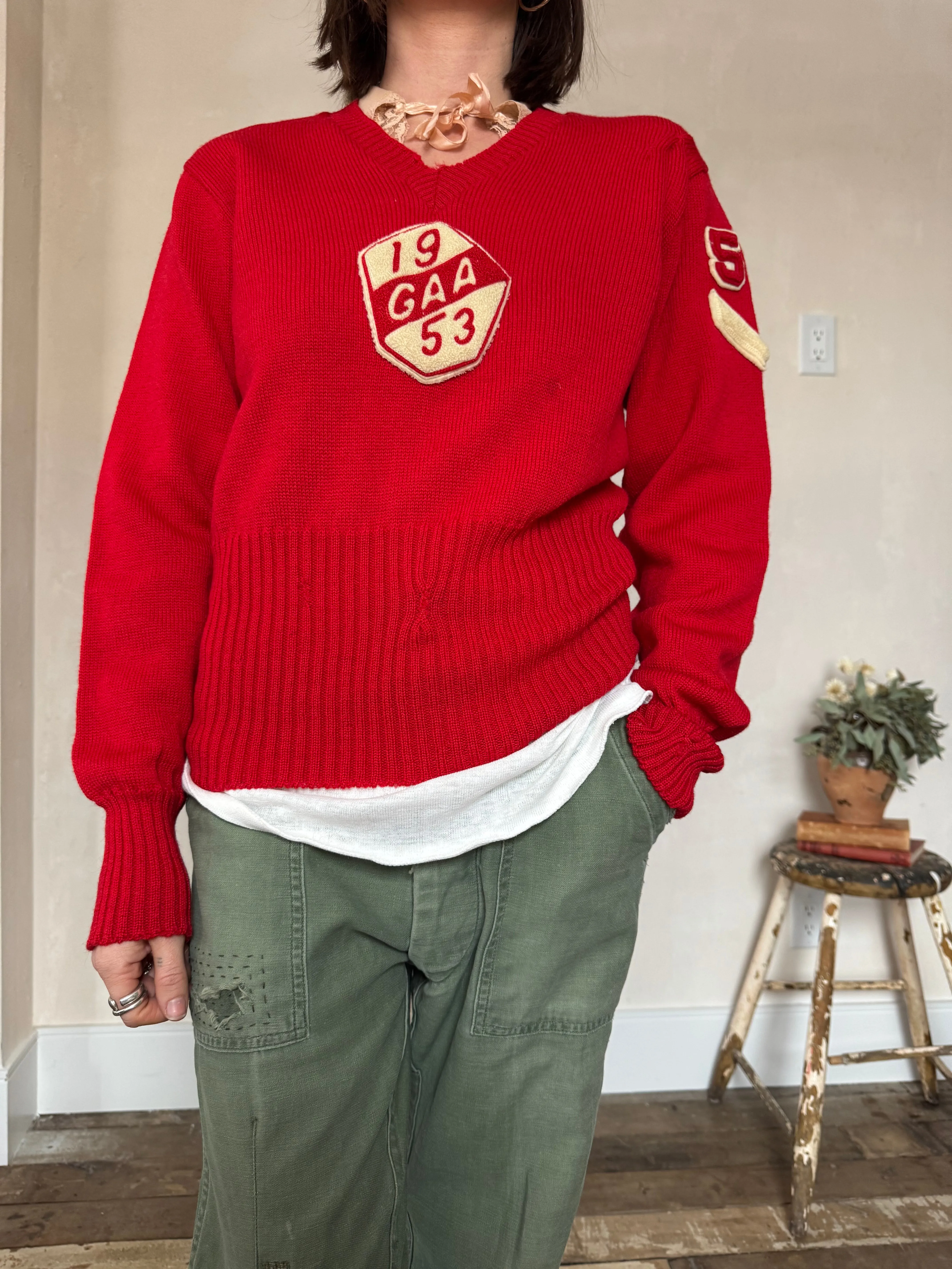 Cherry Red 1950s Nelson Wool Shaker Sweater