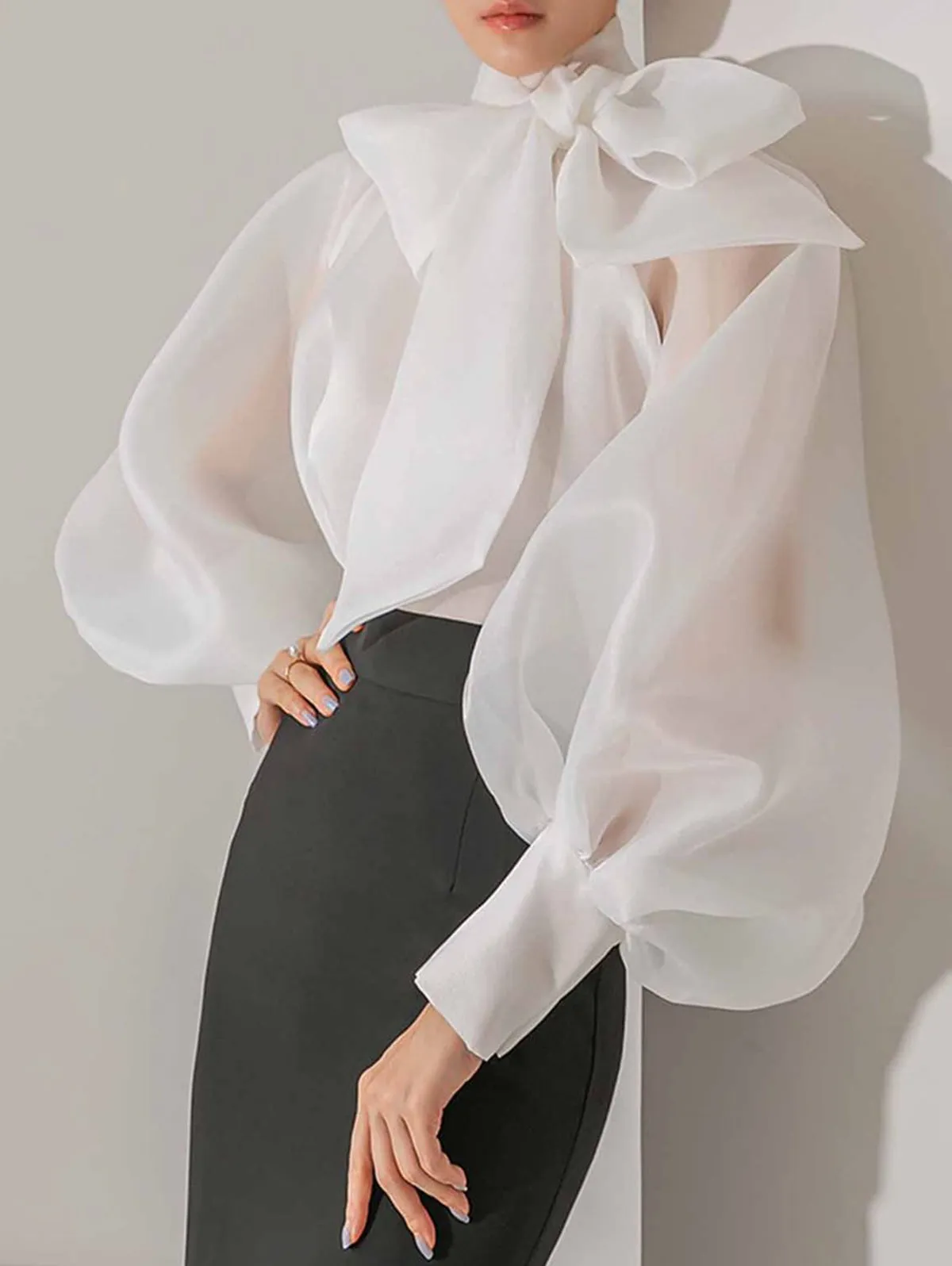 Chicmy-2025 Spring Summer New Fashion Korean Shirt Female Bow Tie Collar Retro Bubble Long-Sleeve Elegant Harajuku Temperament Blouse