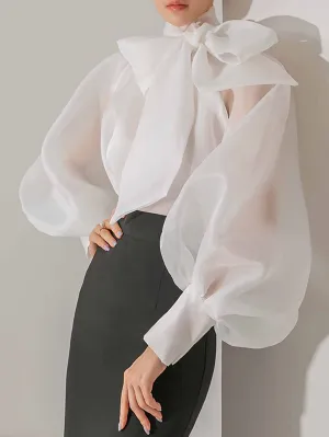 Chicmy-2025 Spring Summer New Fashion Korean Shirt Female Bow Tie Collar Retro Bubble Long-Sleeve Elegant Harajuku Temperament Blouse