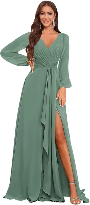 Chiffon Long Sleeve Bridesmaid Dresses for Women Long Ruffle V Neck Formal Dress Evening Gown with Slit