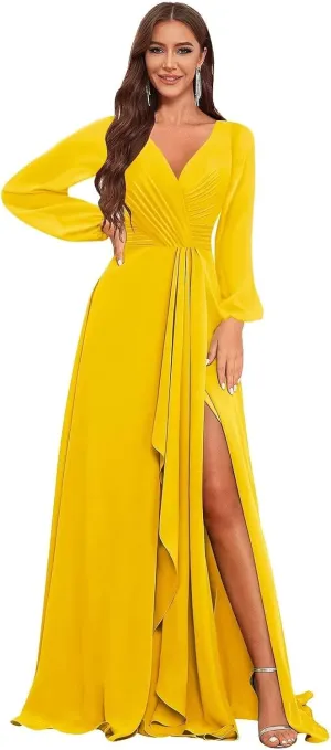 Chiffon Long Sleeve Bridesmaid Dresses for Women Long Ruffle V Neck Formal Dress Evening Gown with Slit
