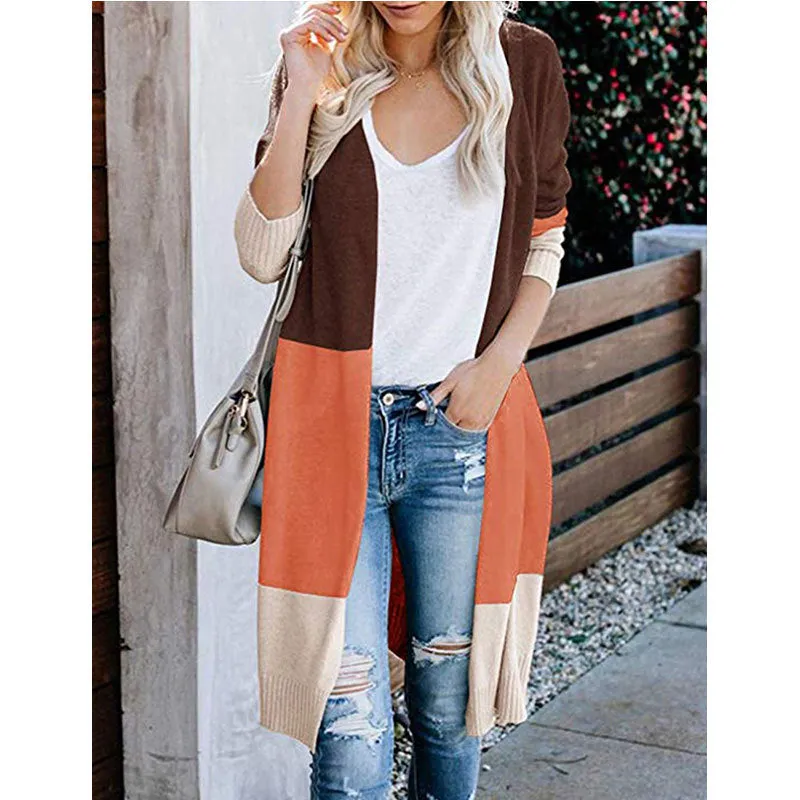 Color-Matching Long Matching Knitted Cardigan Rainbow Spliced Sweater