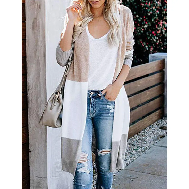 Color-Matching Long Matching Knitted Cardigan Rainbow Spliced Sweater