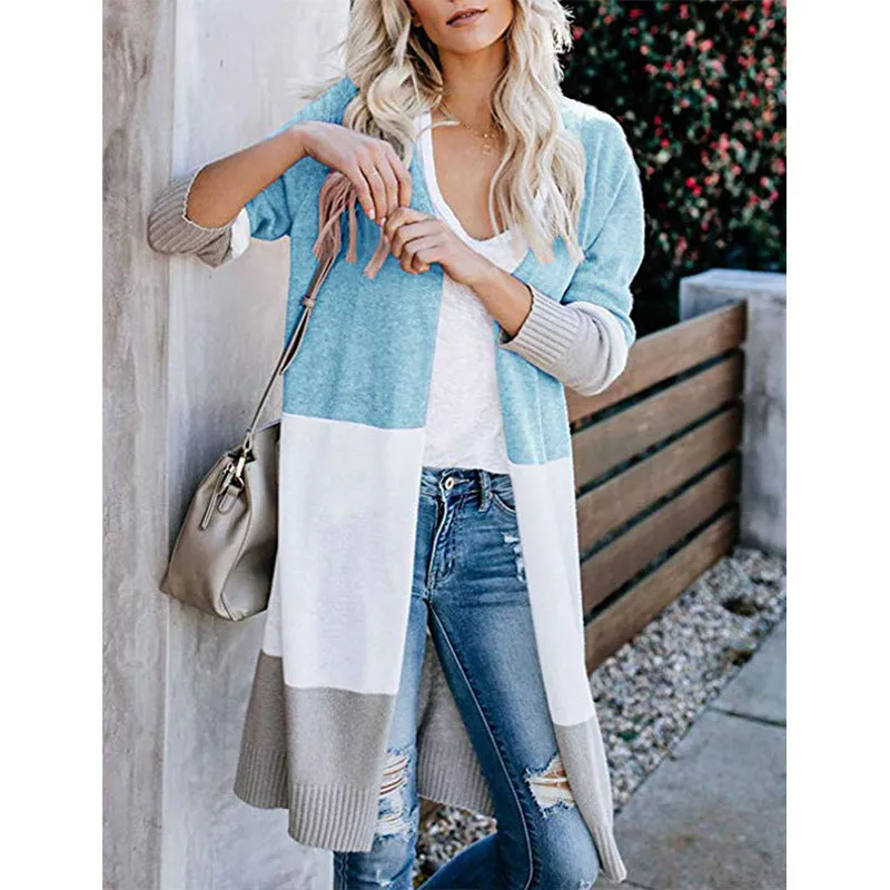 Color-Matching Long Matching Knitted Cardigan Rainbow Spliced Sweater