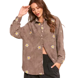 Corduroy Floral Embroidered Shaket - Ash Mocha