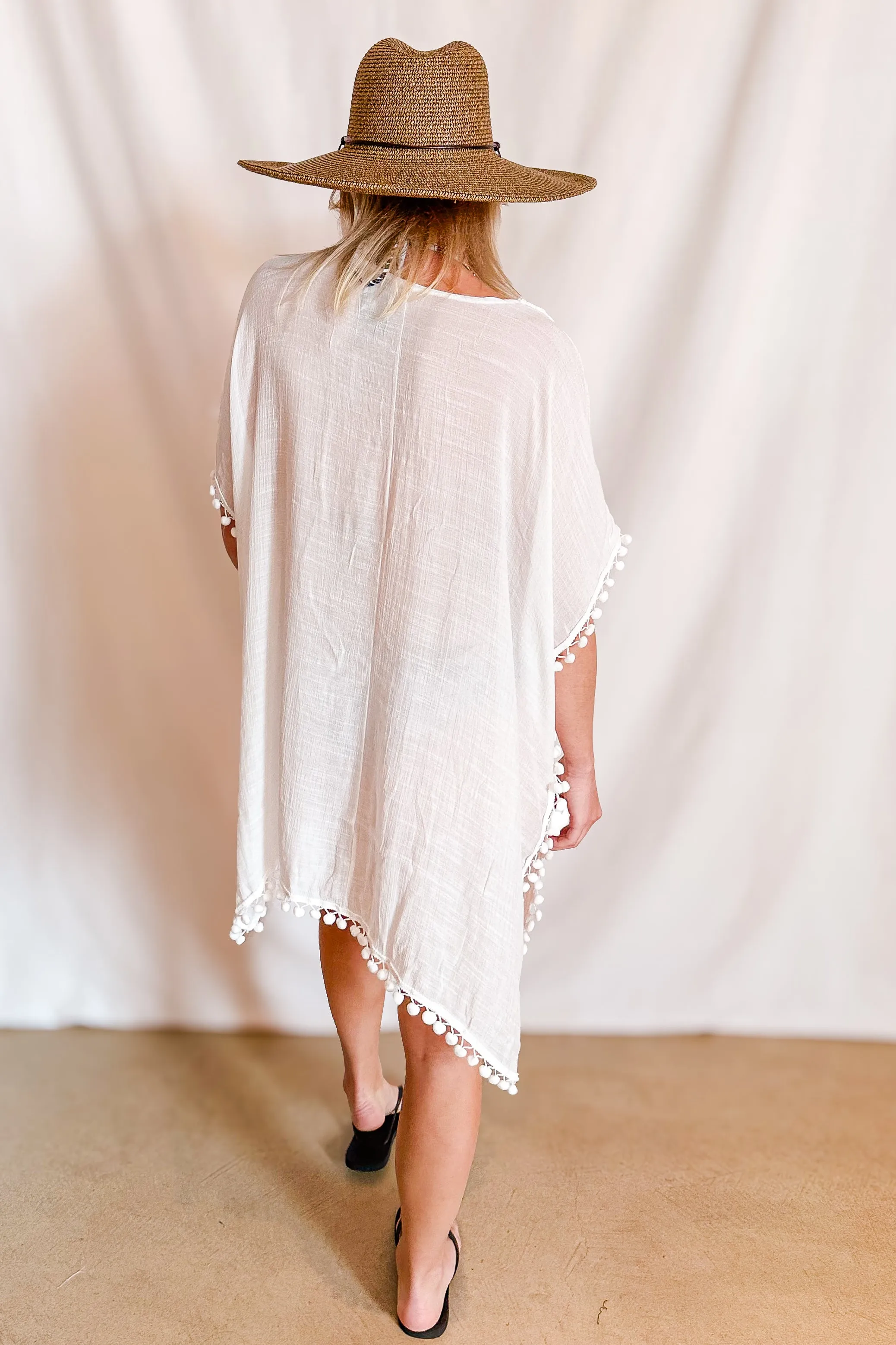 Crochet Pom Pom Detail Cover Up / White