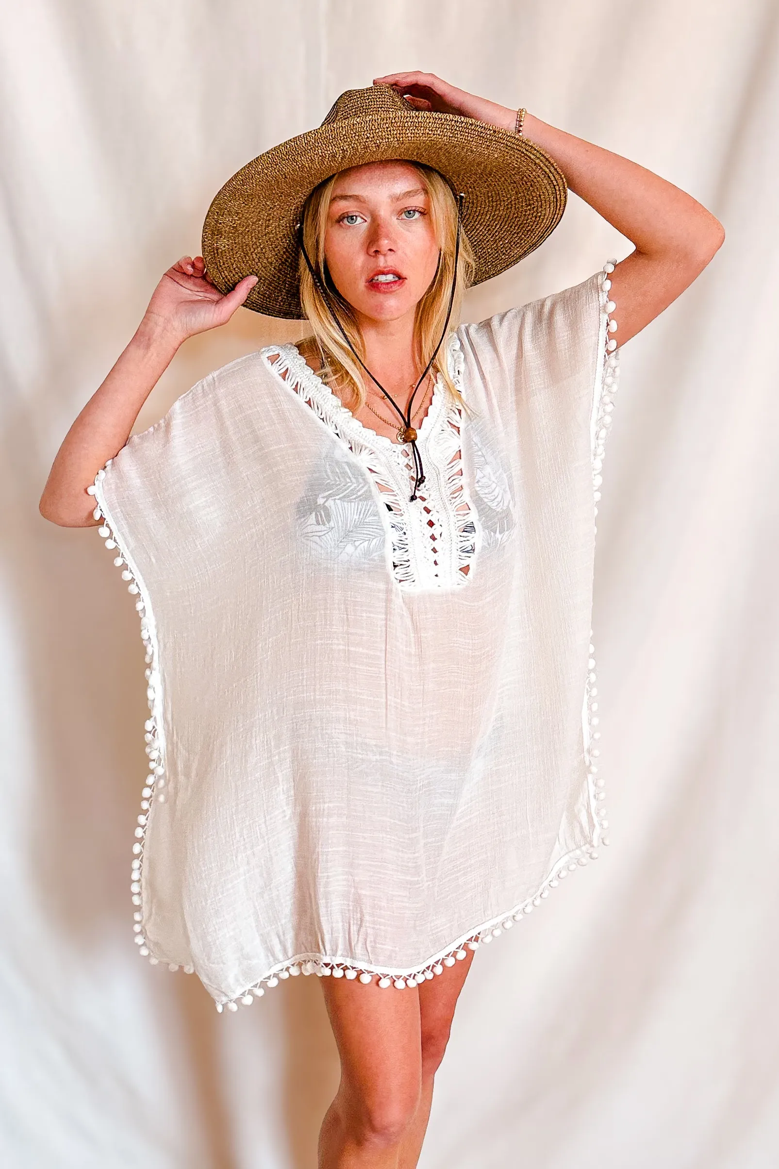 Crochet Pom Pom Detail Cover Up / White