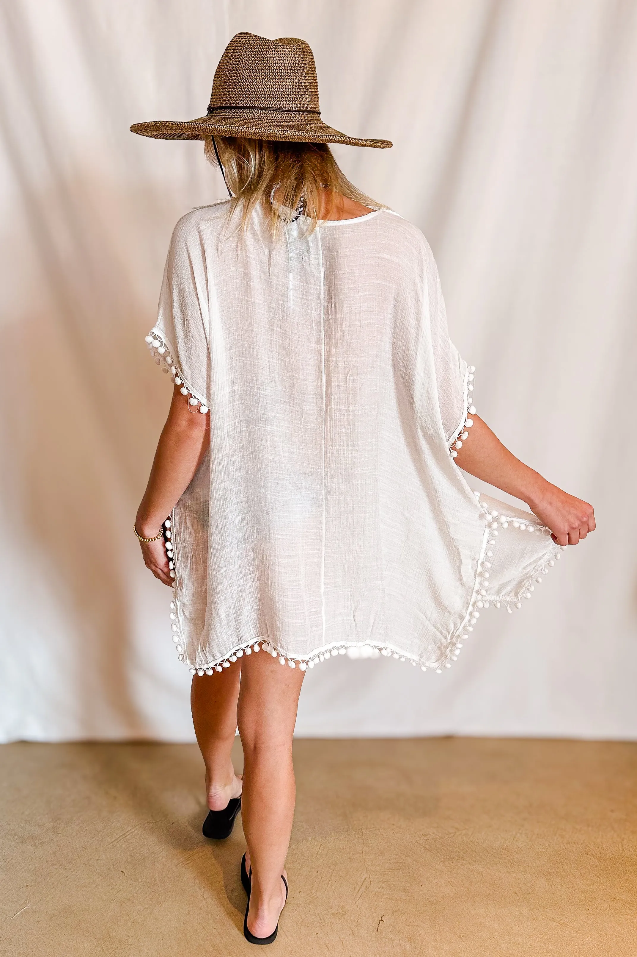 Crochet Pom Pom Detail Cover Up / White