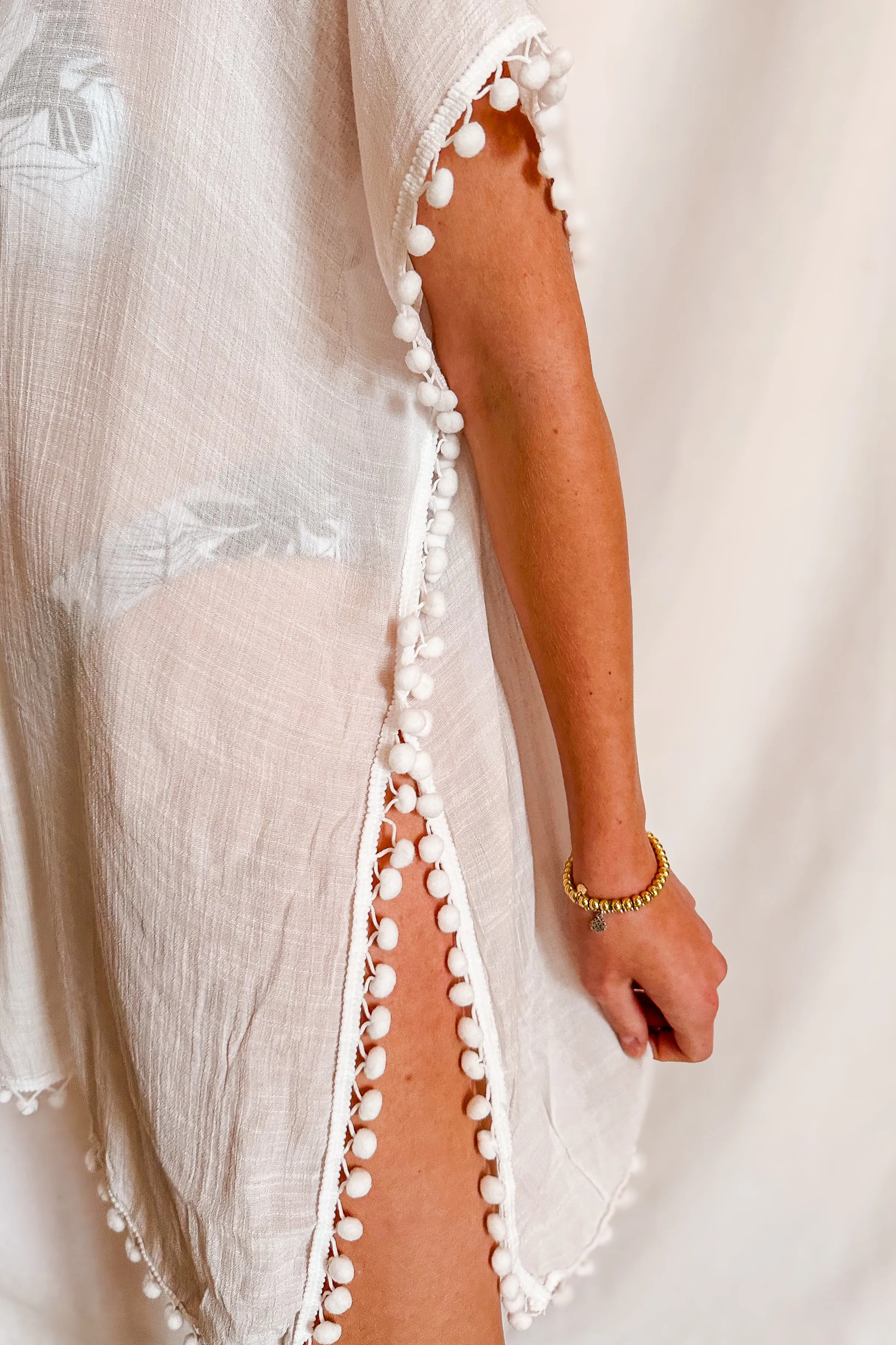 Crochet Pom Pom Detail Cover Up / White