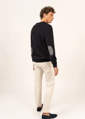 Cuirassé V neck jumper - in soft wool, with elbow patches (NAVY/PERLE CHINE)
