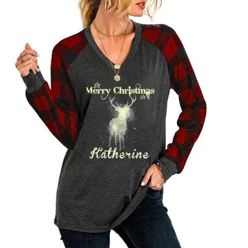 Custom Name V-neck Tops Design Merry Christmas Women's Loose Long Sleeve T-shirt