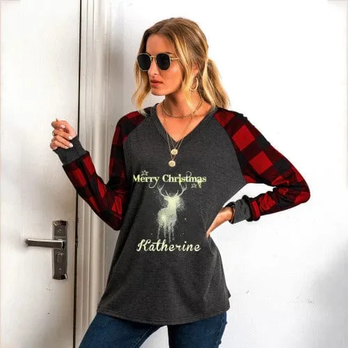 Custom Name V-neck Tops Design Merry Christmas Women's Loose Long Sleeve T-shirt