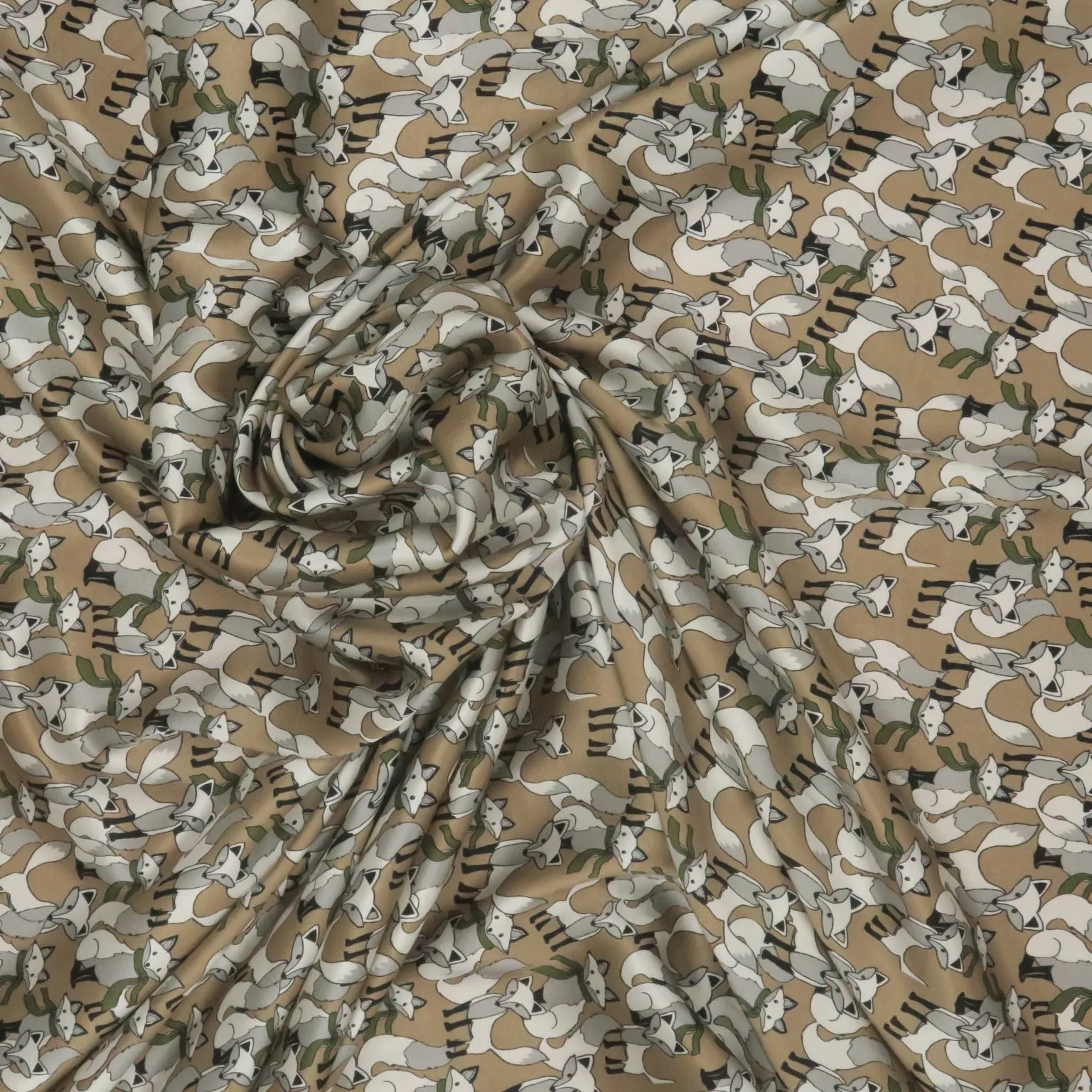 Dark Champaign Foxes Animal Print Stretch Printed Satin Silk Fabric