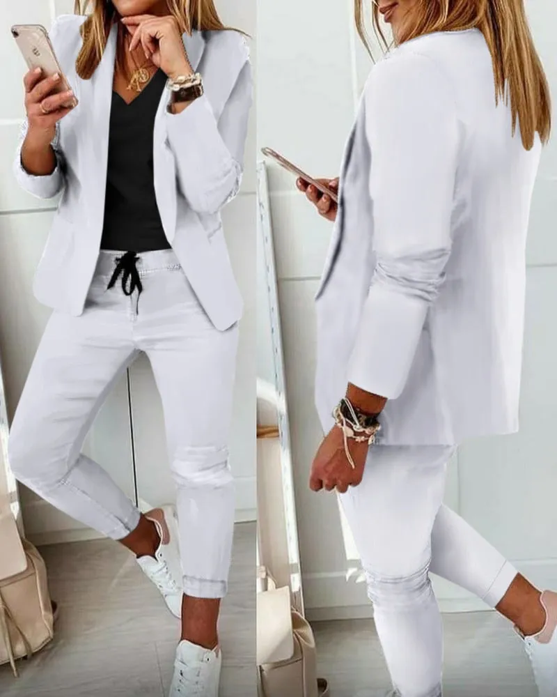 DEANWANGKT  Women New Autumn Lapel Collar Blazer Coat & Drawstring Pants Set Long Leggings Suit Elegant 2 Piece Jacket Outfits