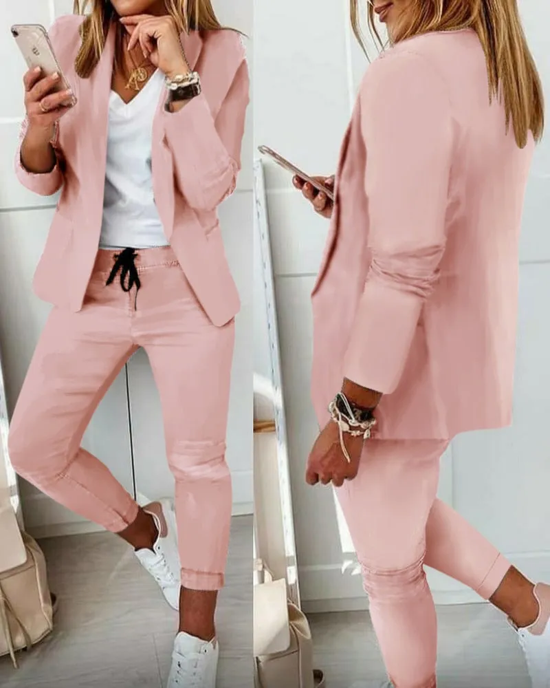 DEANWANGKT  Women New Autumn Lapel Collar Blazer Coat & Drawstring Pants Set Long Leggings Suit Elegant 2 Piece Jacket Outfits