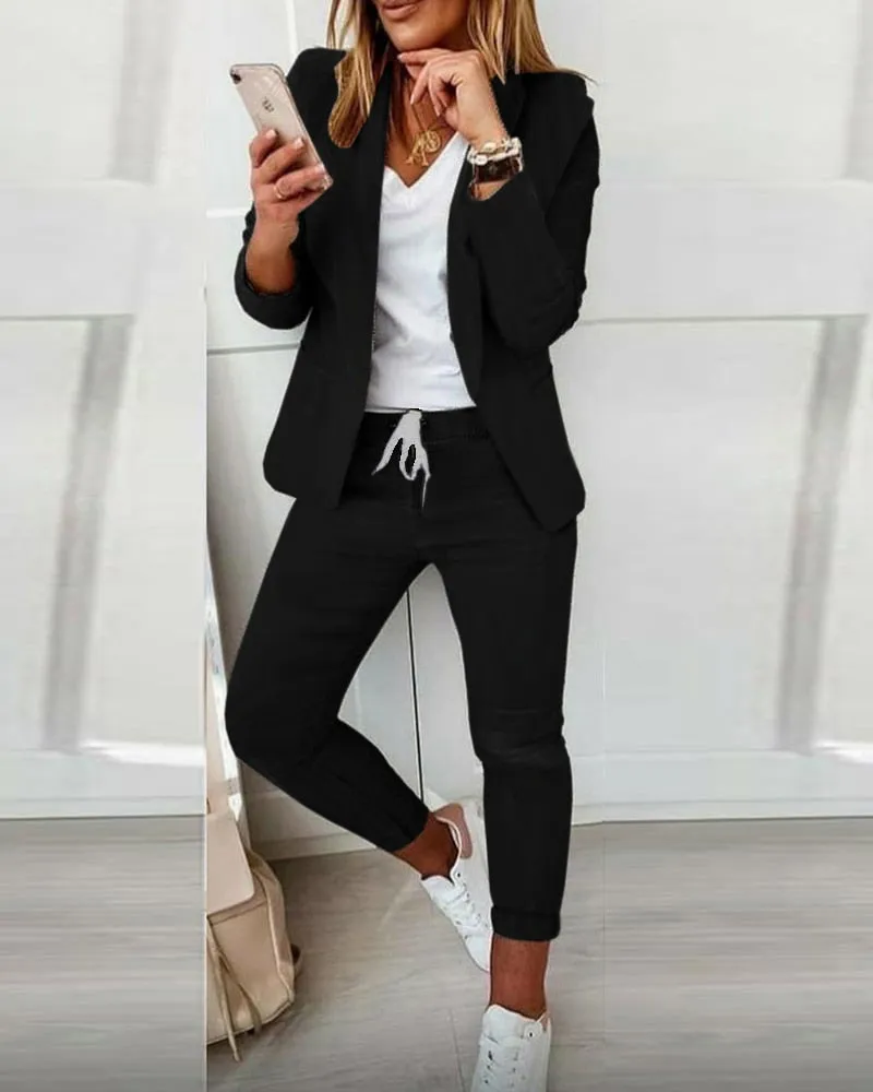 DEANWANGKT  Women New Autumn Lapel Collar Blazer Coat & Drawstring Pants Set Long Leggings Suit Elegant 2 Piece Jacket Outfits