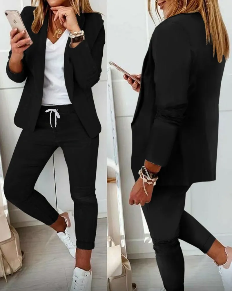 DEANWANGKT  Women New Autumn Lapel Collar Blazer Coat & Drawstring Pants Set Long Leggings Suit Elegant 2 Piece Jacket Outfits
