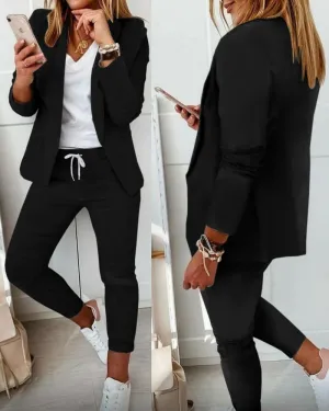 DEANWANGKT  Women New Autumn Lapel Collar Blazer Coat & Drawstring Pants Set Long Leggings Suit Elegant 2 Piece Jacket Outfits